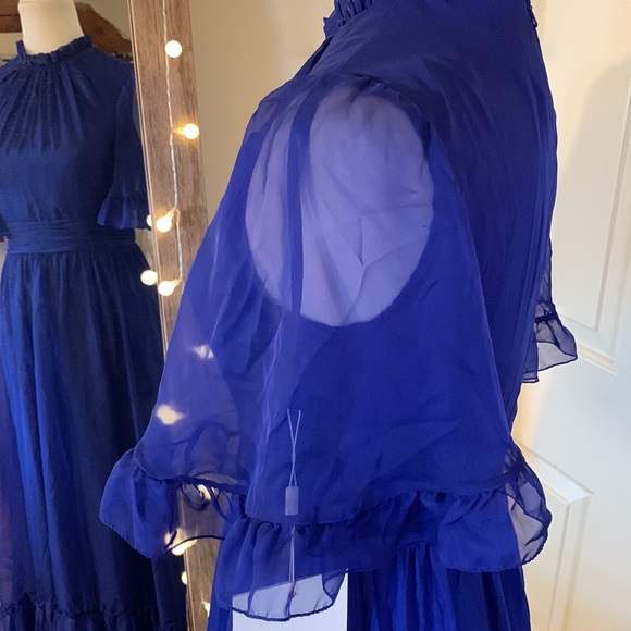 MAC DUGGALRuffled High Neck Flutter Sleeve High Low Hem Gown